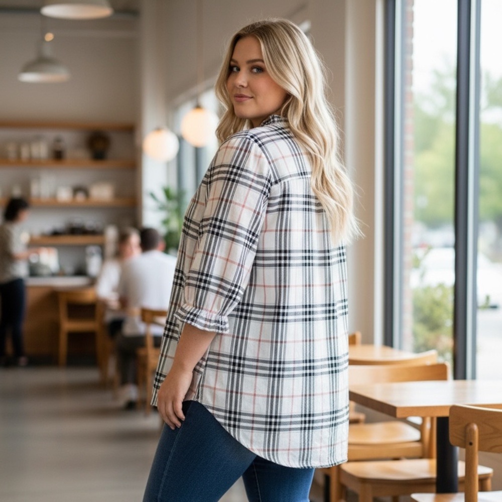 Torrid Plaid Rayon Top 3/4 Sleeve Tie Front Size 2 NWO